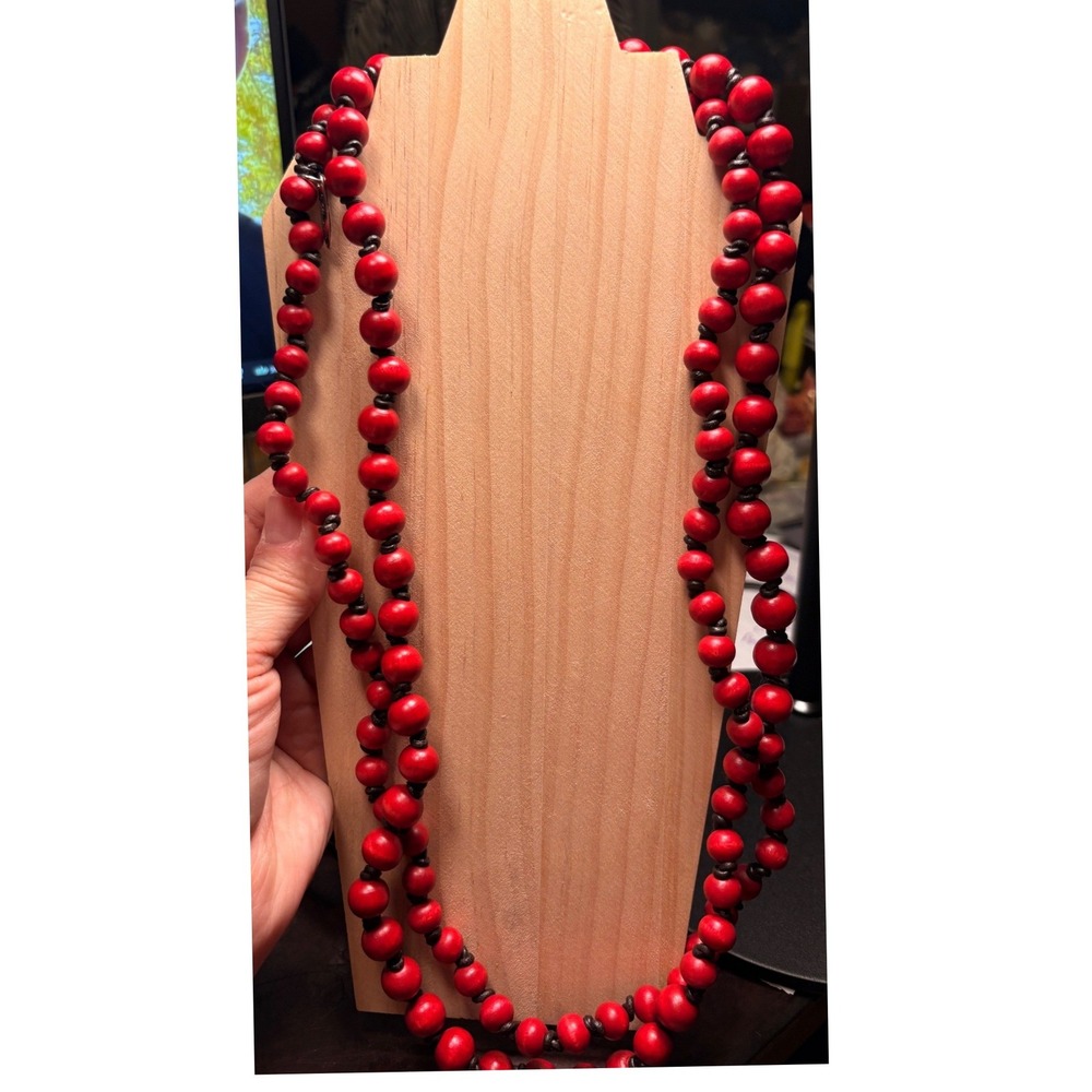 Plunder Beaded Necklace Women's Red Good Knotted Wood Long Boho Statement